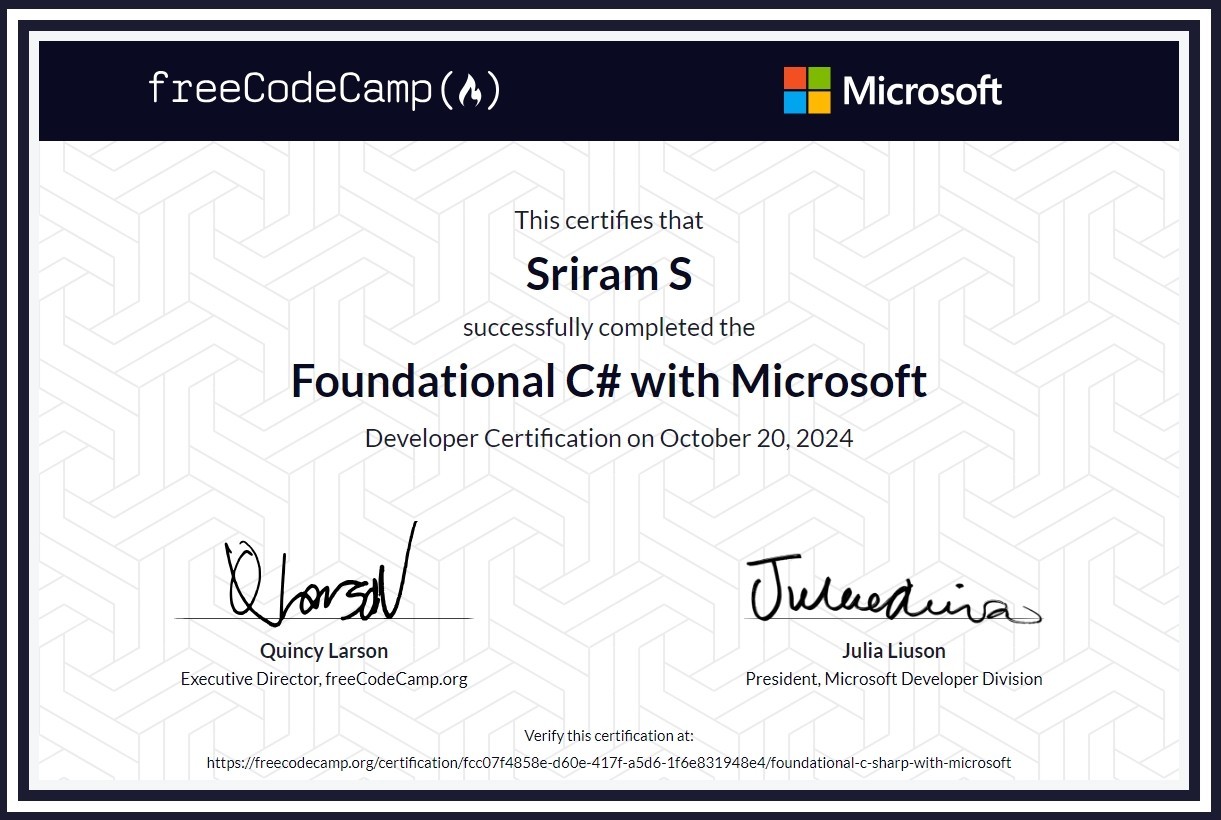 Foundational C# with Microsoft certificate