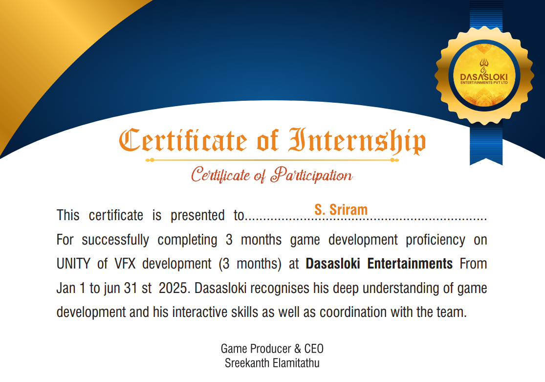 Game dev internship certificate